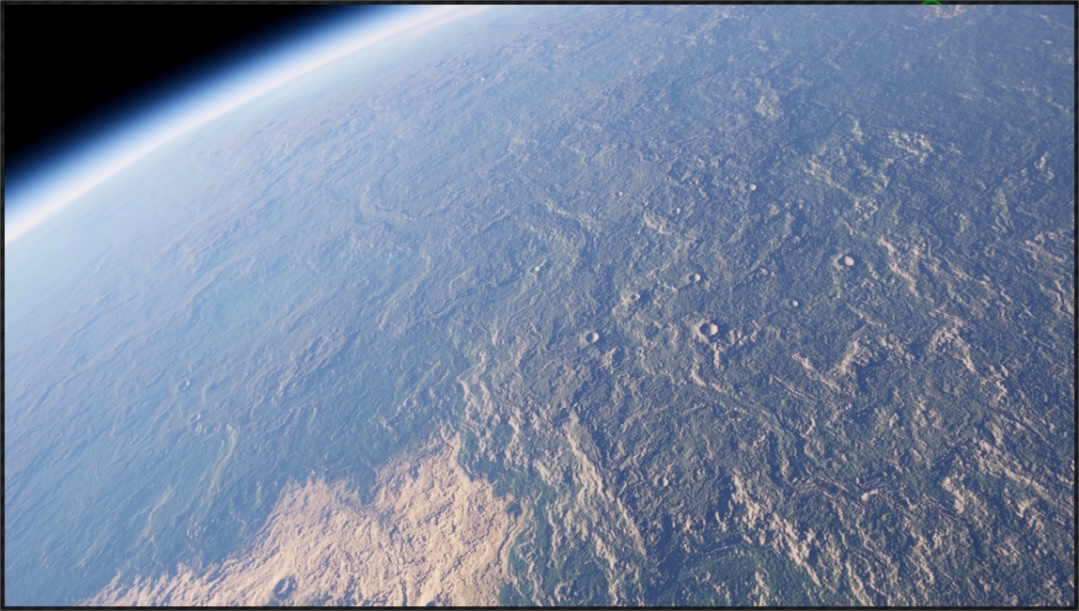 Planète vue de l'orbite basse, terrain détaillé et atmosphère, rendue en temps réel sous Unreal Engine